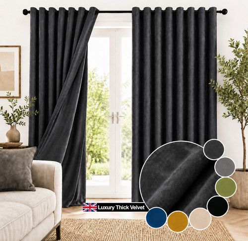 Thick Heavy Velvet Curtains PAIR of Eyelet Ring Top Fully Lined Ready Made 