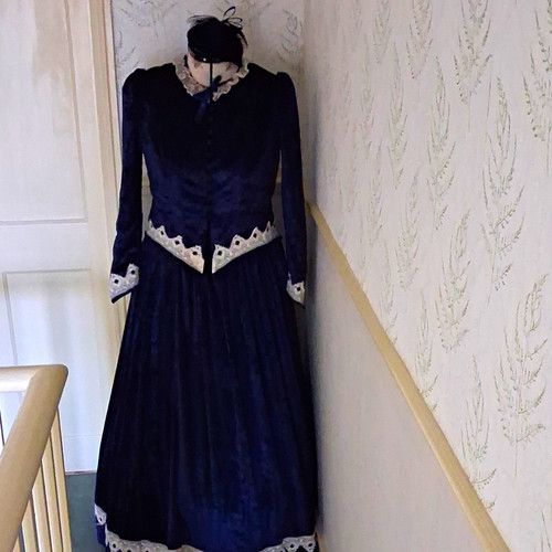 Women's Victorian Blue Velour Dress Costume Long Sleeve  Under Skirt and Cap
