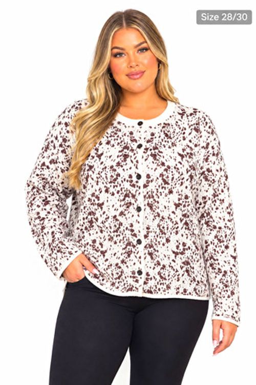 Women's Ivory/Brown Animal Print Knit Button Front Cardigan Jumper Size 28
