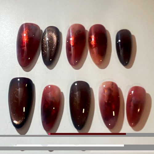Handmade Shiny Full Cover Almond Press-On Nails, Medium, Red Black Marble Design