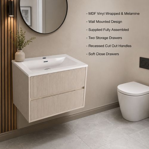 Nerano 600mm Stone Fluted Wall Hung Vanity Unit Basin Soft Close Drawers — image 3