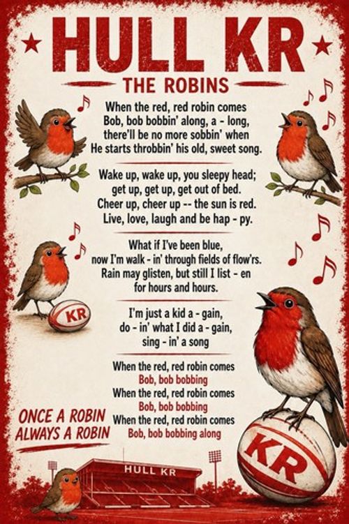 Red Red Robin Metal Sign. Hull KR Team Song. Wall Plaque Rugby League. Fan Gift