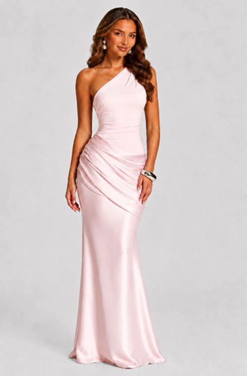 Bridal Pink One-Shoulder Sleeveless Ruched Satin Maxi Dress Size 10 New