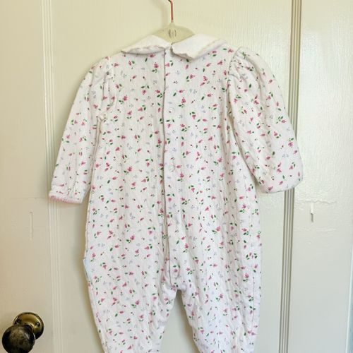 VTG Y2K Baby Girls White Pink Floral Footed Sleeper Collared Smocked Bow Zip — image 4