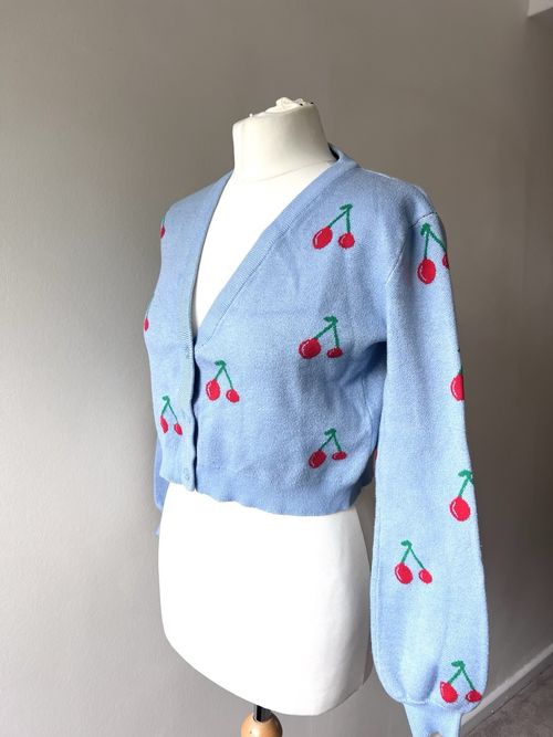 Liquorish Women’s Blue Cherry Knit V-Neck Button Front Cardigan XS — image 2