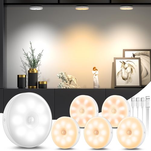 daphomeu 6 Pcs Motion Sensor Lights Indoor USB Rechargeable 6 pièces, White — image 2