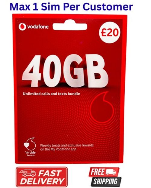 1 x VODAFONE Pay As You Go Sim Card-40GB DATA & Call PAYG-New OFFICIAL UK £20