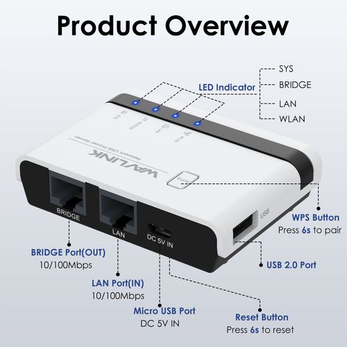 10/100Mbps USB 2.0 Wireless Network Print Server Wired/Wireless/Standalone Modes — image 2