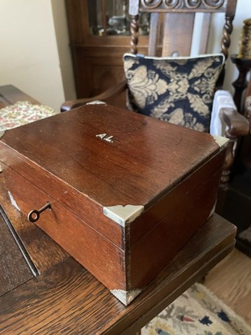 Antique Solid Rosewood Jewellery / Trinket Box with Silver corner 