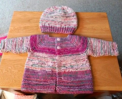 Hand Knitted Multicolour Wool Baby Cardigan & Hat Set 0-3 Months
