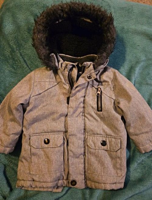 Primark Grey Hooded Parka Jacket Faux Fur Trim Zip 9-12 Months