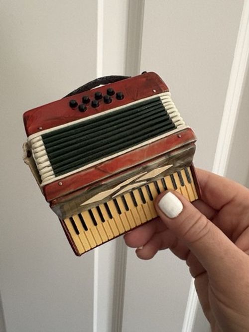 Miniature Decorative Accordian red pearl finish black case red velvet lining