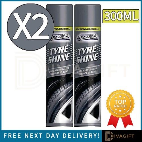 2 x TYRE SHINE SPRAY 300ML WET LOOK TYRE SHINE GLOSS BLACK FINISH CAR VAN BIKE