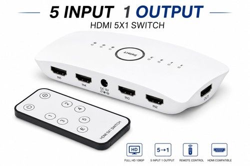 HDMI Switch 5 in 1 Out 4K@60Hz, 5x1 HDMI Switcher HDMI Selector Box w/IR Remote