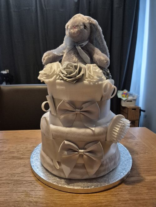 2 Tier baby gift, Unisex Nappy Cake with Plush Bunny Toy, Mum To Be, New Baby — image 1