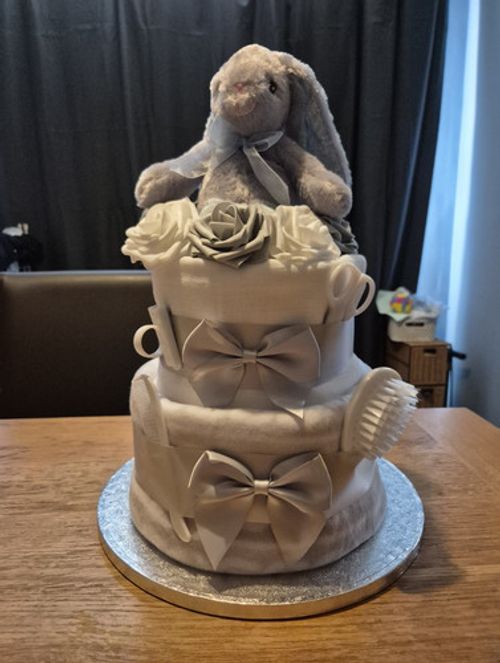 2 Tier baby gift, Unisex Nappy Cake with Plush Bunny Toy, Mum To Be, New Baby