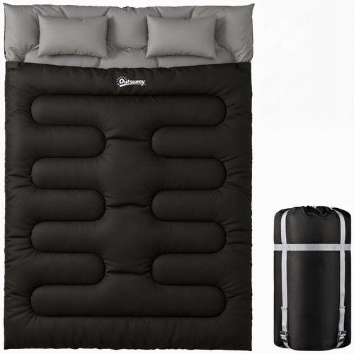 Outsunny Double Sleeping Bag with 2 Pillows, 220 x 160cm Sleeping Bag Black