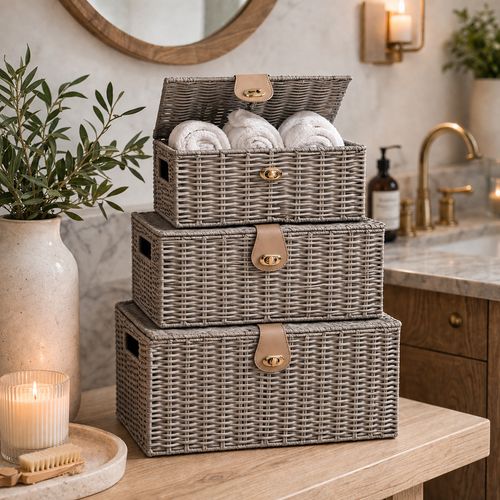 3pc Storage Basket Set - PE Wicker Woven Hamper Box Lid & Lock Stackable Home — image 5