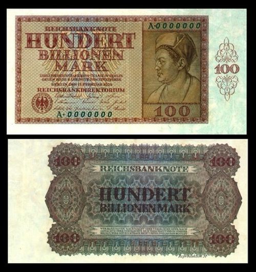Reichsbanknote, 100 Trillion Mark, Hundred Trillion Mark, 1924, Reproduction 