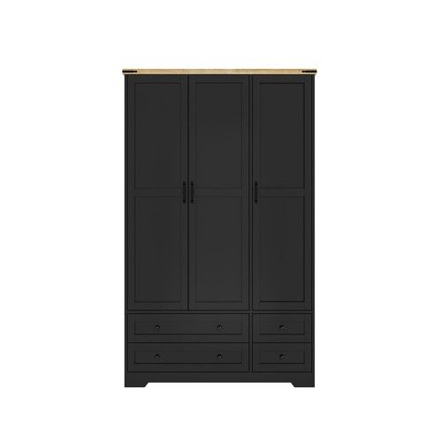 3 Door 4 Drawer Panelled Wardrobe Bedroom Storage Hanging Rail Shelves Oak Top