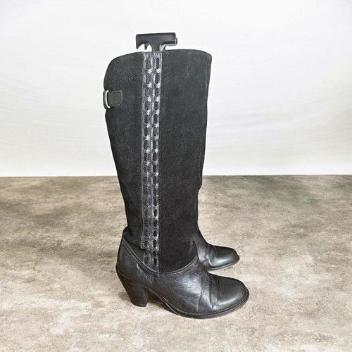 FatFace Women’s Black Leather Knee High Riding Boots Mid Block Heel UK 6