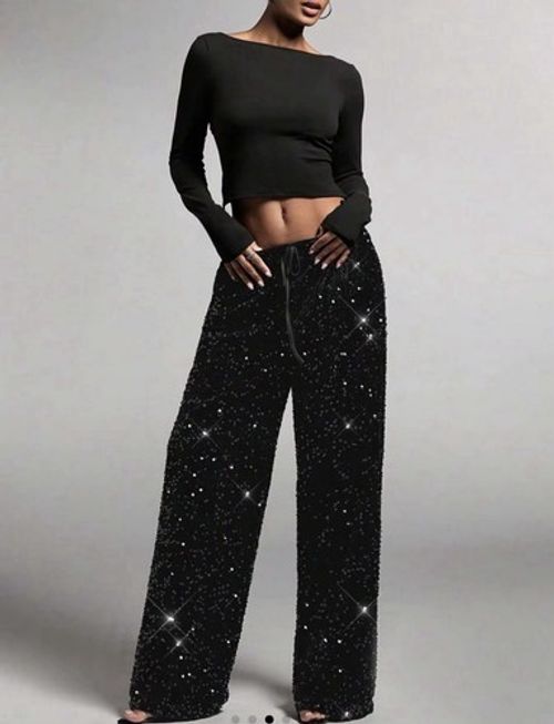 Women’s Black Sequin Stretch Wide-Leg Dress Pants 10 Party Drawstring Elastic