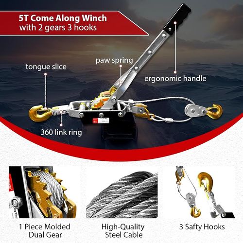 Come Along Winch Heavy Duty, 5T Come Along Pulling Tool 2 Gears 3 Hooks — image 2