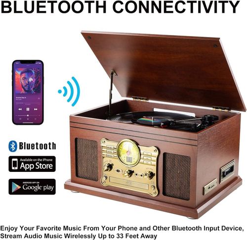 FEKTIK 10 in 1 Bluetooth Vinyl Record Player Turntable CD Cassette FM Mahogany — image 3