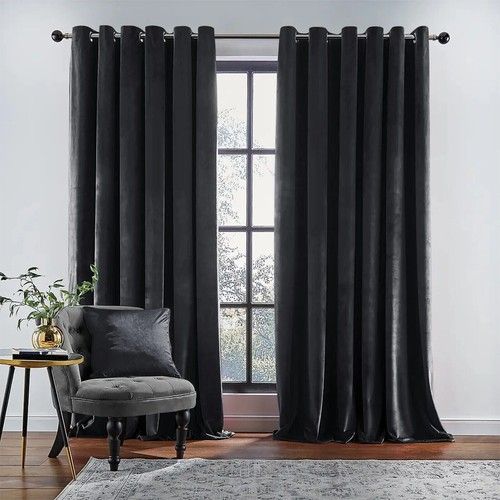 Velvet Blackout Curtains Eyelet Ring Top Fully Lined Ready Made Curtain Panel UK