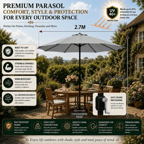 Garden Table Parasol Patio Crank Handle Umbrella Sun Shade Waterproof Grey 2.7M — image 2
