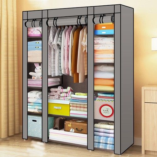 PRACTICAL FABRIC CANVAS WARDROBE HANGING RAIL SHELVING CLOTHES STORAGE CUPBOARD