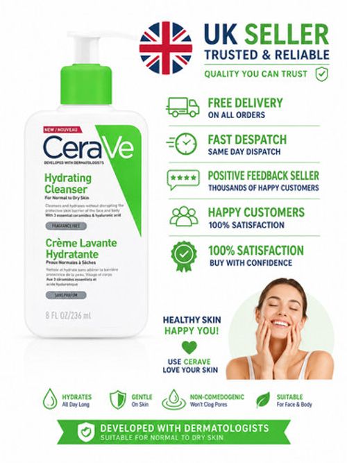 CeraVe Hydrating Cleanser 236ml Normal to Dry Skin Hyaluronic Acid Face Wash