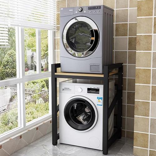 Black Height Adjustable Washer Dryer Stack Stands Over The Washer Storage Shelf — image 1