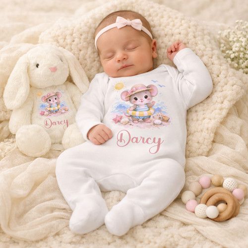 Personalised Mouse Sleepsuit & Bunny Toy Gift Set | Custom Name |New-born Outfit