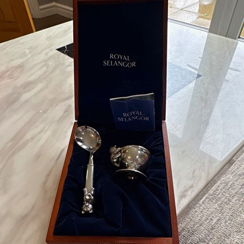 Royal Selangor Baby Christening Silverware Spoon & Cup Set Wooden Box — image 1