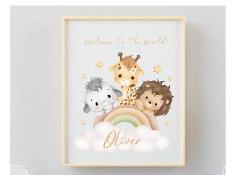 Personalised New Baby Birth Nursery Safari Name Print  Kids Bedroom Wall Art — image 4