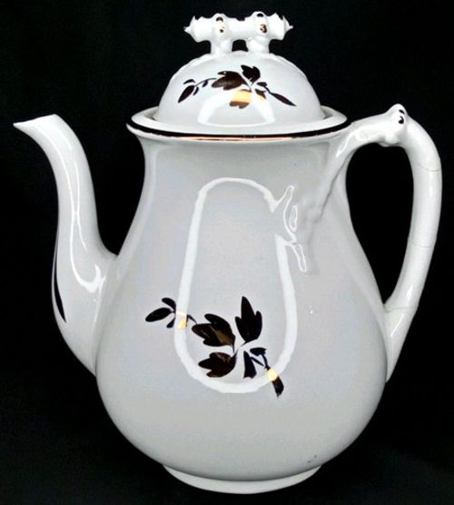 Brockmann Pottery Company Ironstone Teapot White Tea Leaf Antique 1890s Signed