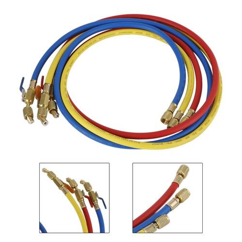3x HVAC 1/4" SAE 600 PSI Charging Hoses W/ Shut Valve AC Refrigerant R134A UK