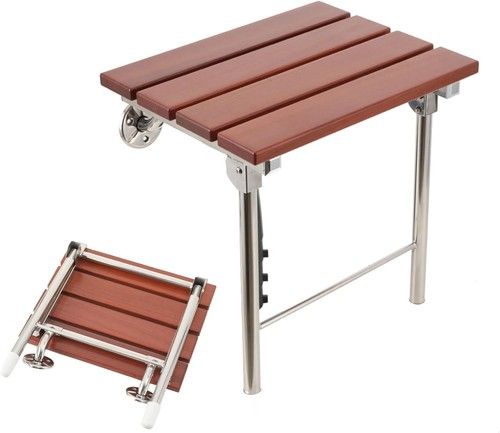Wall Mounted Folding Shower Seat with Legs Wooden Bathroom Bench Non-Slip for