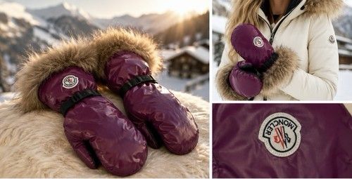 Moncler Ski Mittens Size M Purple Plum Fur Trim Down Leather Palm Made Italy
