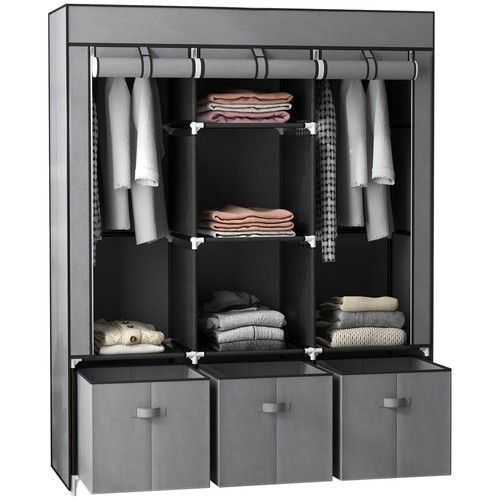 HOMCOM Large Fabric Wardrobe Closet 2 Rails, 5 Shelves 3 Drawers, Dark Grey