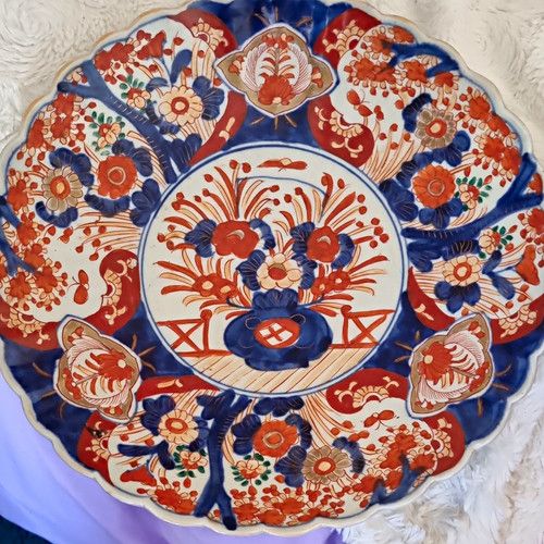 Porcelain Decorative Plate Round Scalloped Edge Blue Red Floral Glossy Finish