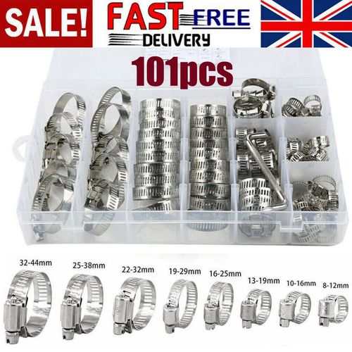 101-Pcs Assorted Stainless Steel Hose Clamp Kit With No Driver Jubilee Clips Set — image 1