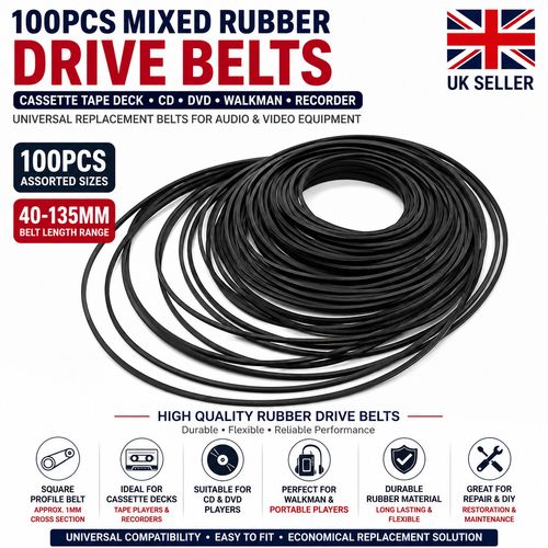 100pcs 40-135mm Mixed Rubber Drive Belts for Cassette Tape Deck CD DVD Player — image 1