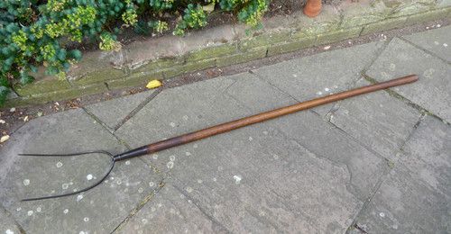 Vintage Pitch Fork - hay fork - 2 Prong Old Farm Tool. Long wooden handle.