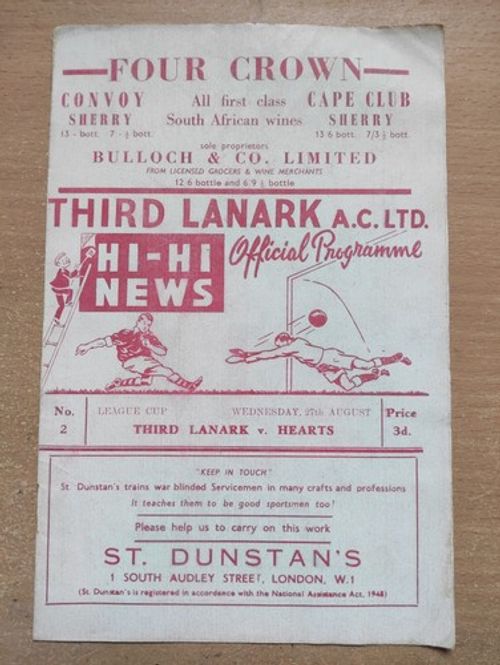 THIRD LANARK  v  HEARTS 1957/58 Scottish League Cup 27th Aug. 1957