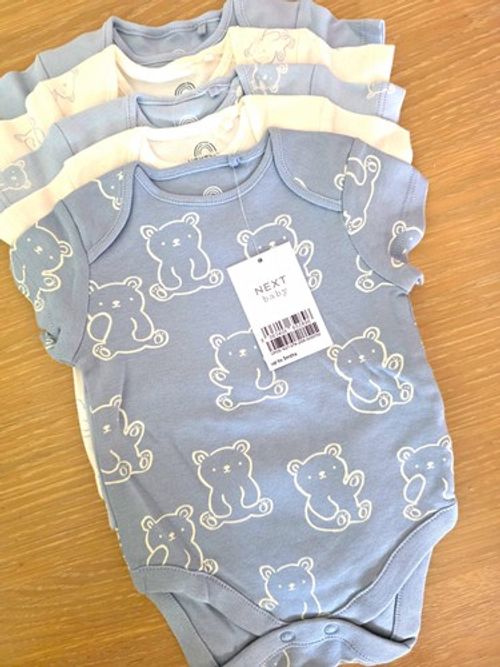 NEXT Baby Bodysuit Vests 5 Pack 0-3 Months Blue & White Teddy Bear BNWT