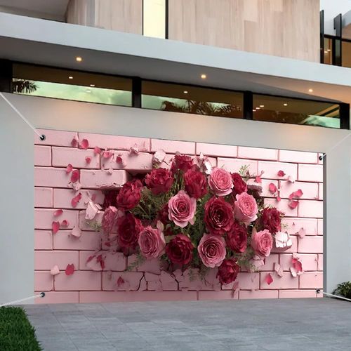 Rose Flower Garage Door Banner Pink Brick Floral Garage Banner Cover Backdrop XS — image 3
