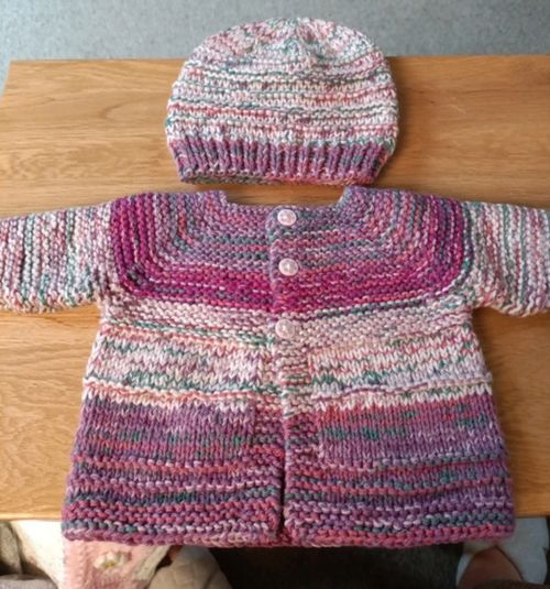 Hand Knitted Multicolour Wool Baby Cardigan & Hat Set 0-3 Months — image 2