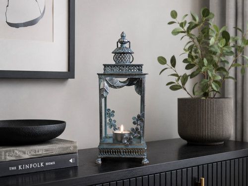 Metal Flower Lantern 37cm Glass Candle Holder Botanical Vintage Table Lantern